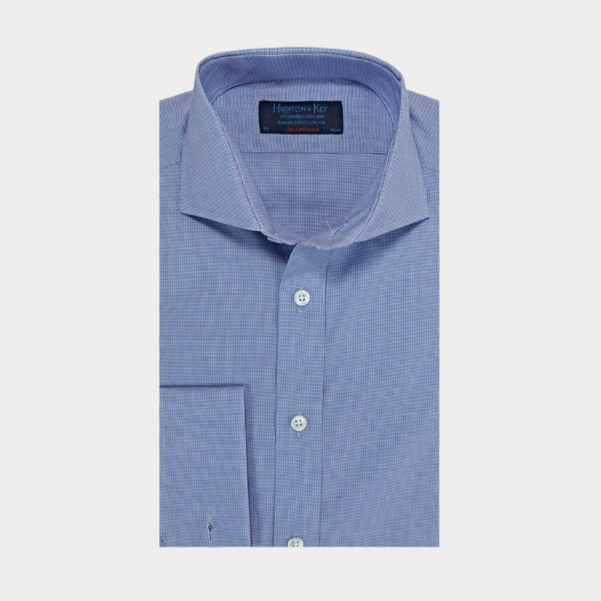 Contemporary Fit Micro Houndstooth Check Cotton Shirt With Cut Away Collar Double Cuff