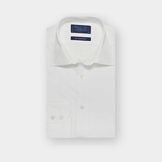 Classic Fit Plain White Sea Island Quality Cotton Poplin Shirt with Classic Collar & Two Button Cuff