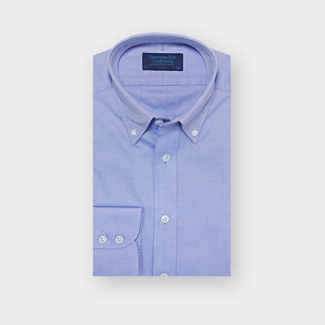 Classic Fit Plain Mid Blue Oxford Cotton Shirt with Button Down Collar & Two Button Cuff