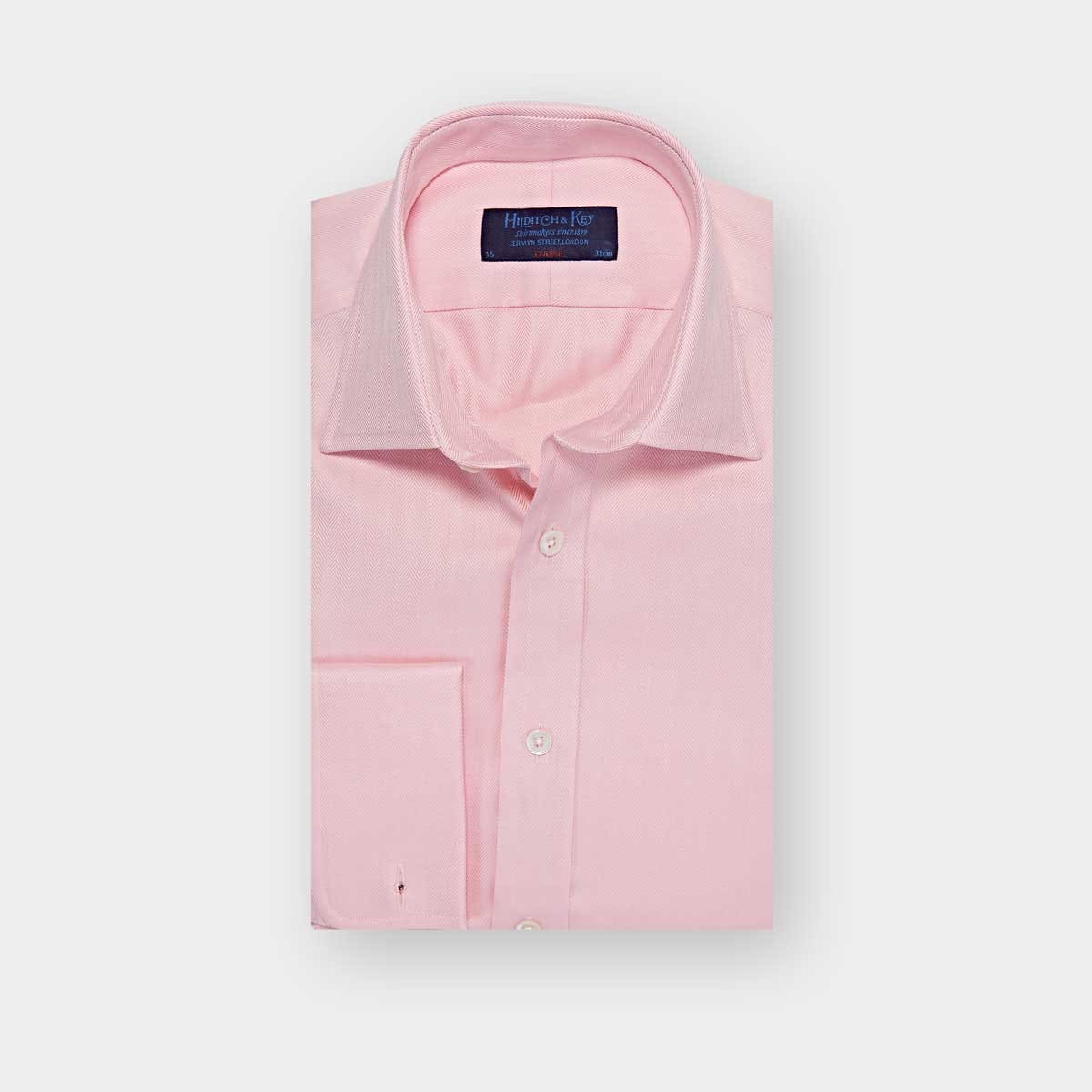 Classic Fit Plain Pink Herringbone Cotton Shirt With Classic Collar Double Cuff
