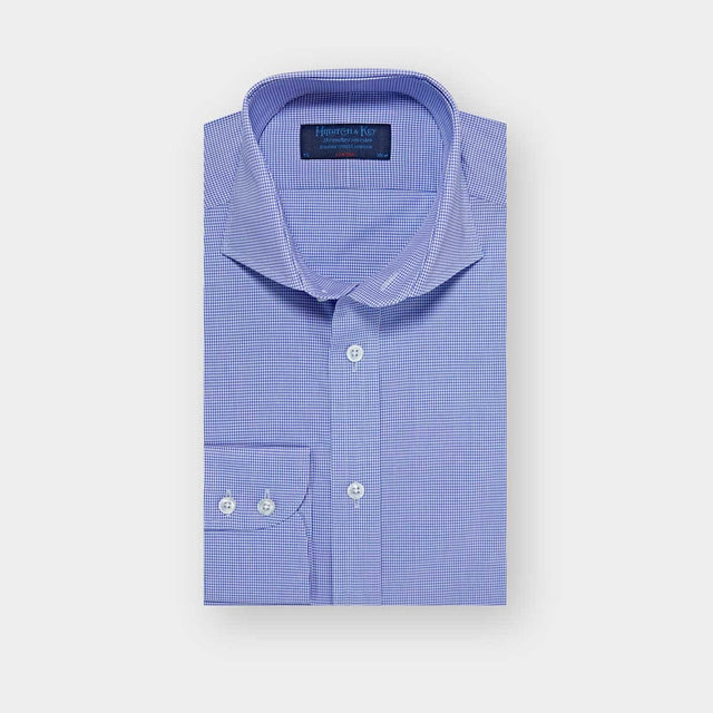 Classic Fit Blue Shepherds Check Cotton Poplin Shirt with Cut-away Collar & Two Button Cuff