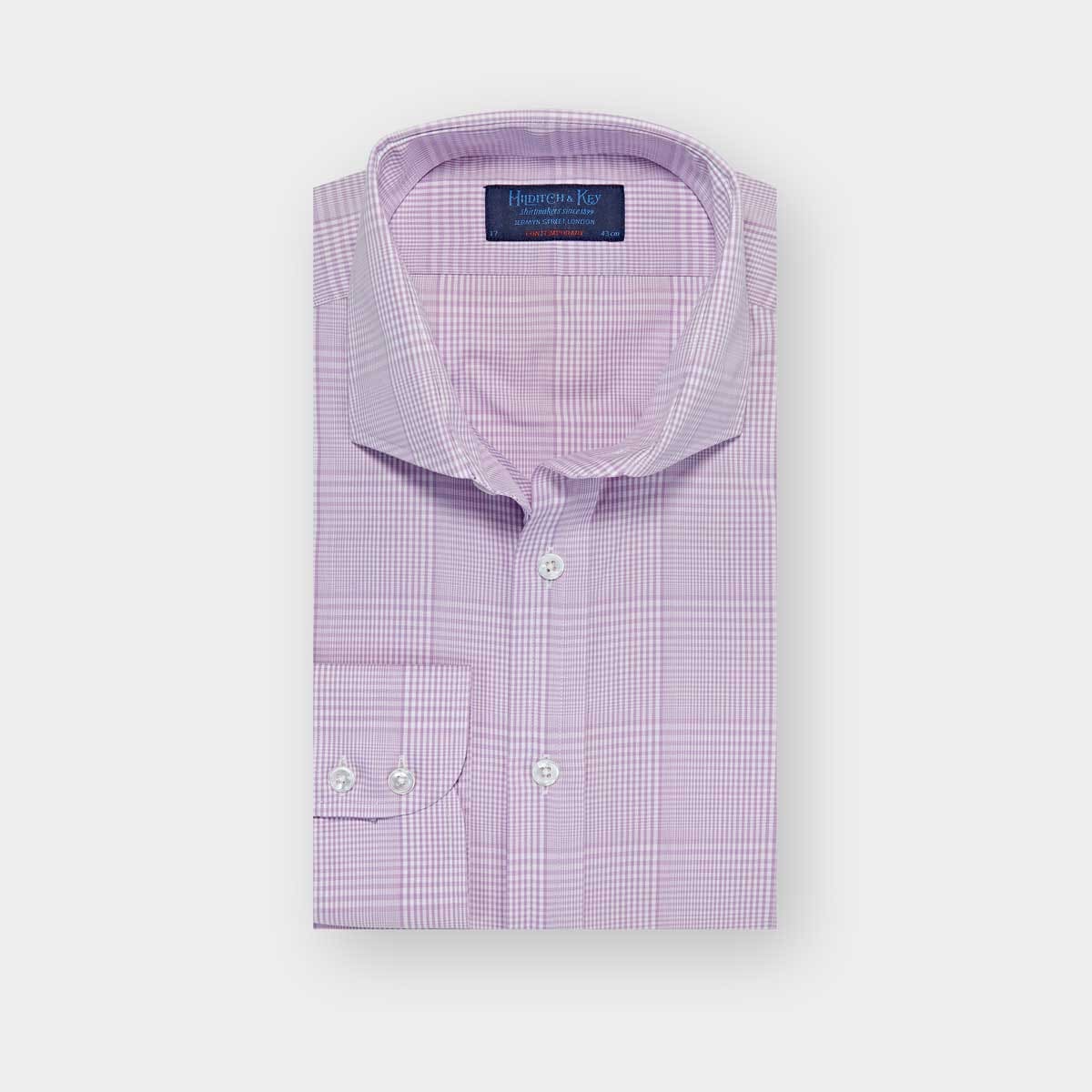 Contemporary Fit Lilac Prince Of Wales Check Cotton Shirt With Cut Away Collar Two Button Cuff