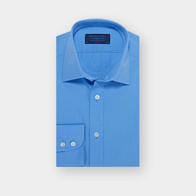 Classic Fit Plain Deep Blue Cotton Poplin Shirt with Classic Collar & Two Button Cuff