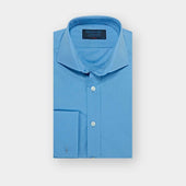 Classic Fit Plain Blue Cotton Poplin Shirt with Cut-away Collar & Double Cuff