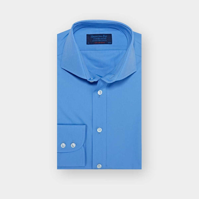 Contemporary Fit Plain Deep Blue Cotton Poplin Shirt with Cut-away Collar & Two Button Cuff