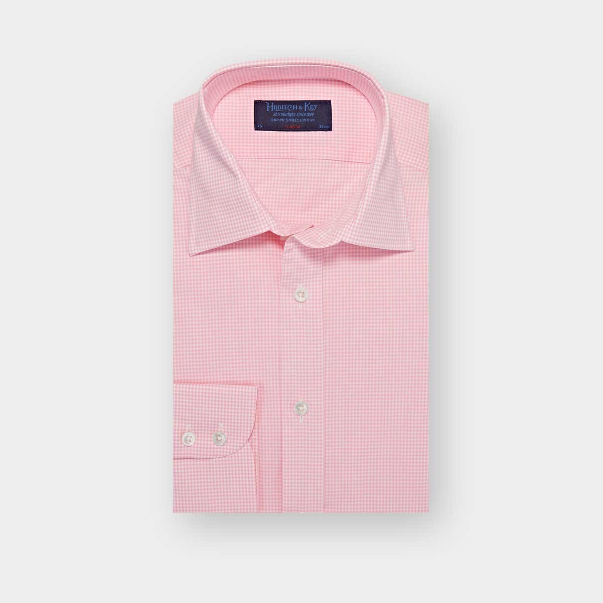 Classic Fit Pink Gingham Check Cotton Poplin Shirt With Classic Collar Two Button Cuff