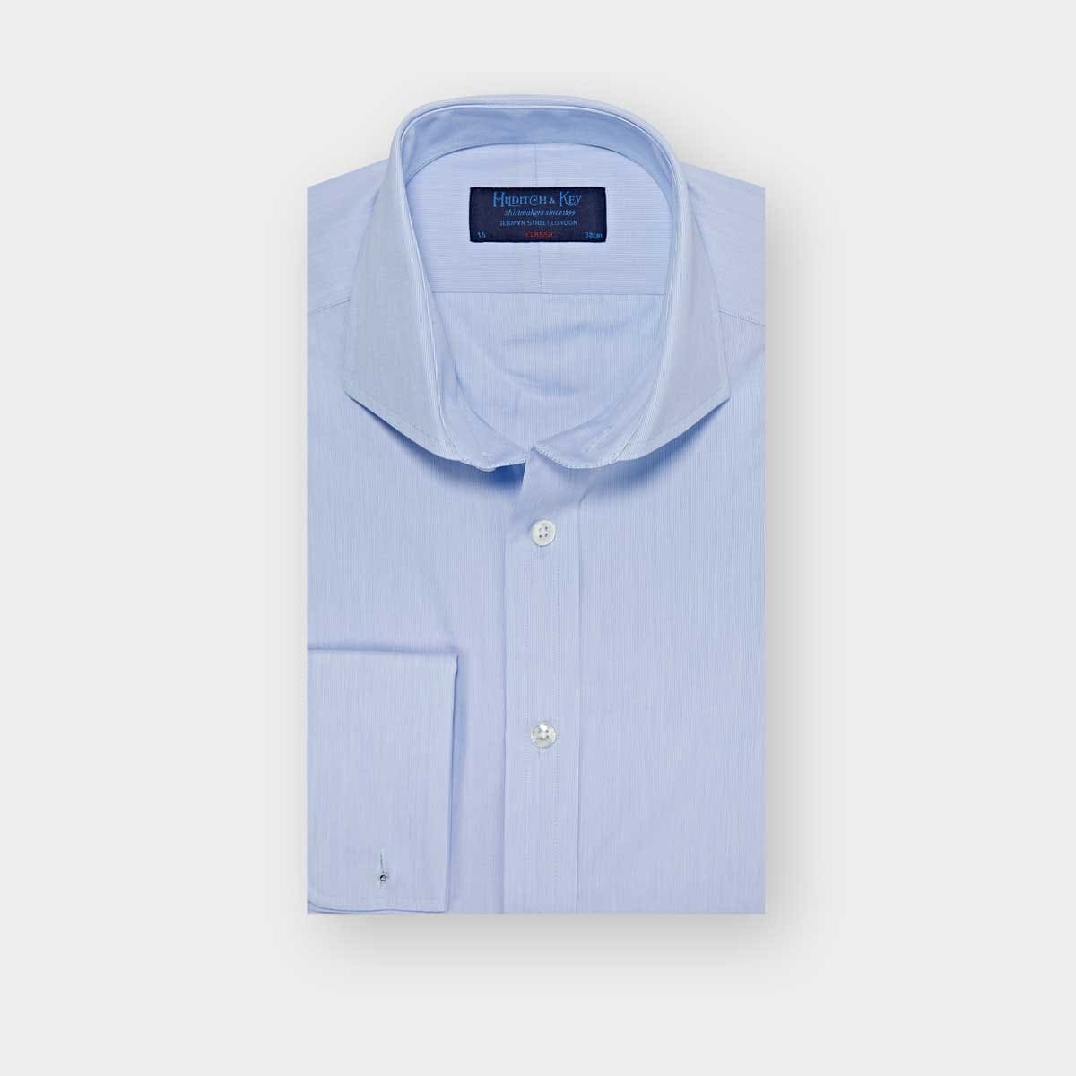 Classic Fit Hairline Stripe Cotton Poplin Shirt With Cut Away Collar Double Cuff