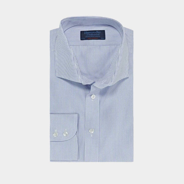Contemporary Fit White & Blue Check Cotton Shirt with Cut-away Collar & Two Button Cuff