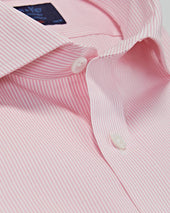 Contemporary Fit Pink Fine Bengal Stripe Cotton Poplin Shirt With Cut Away Collar Two Button Cuff