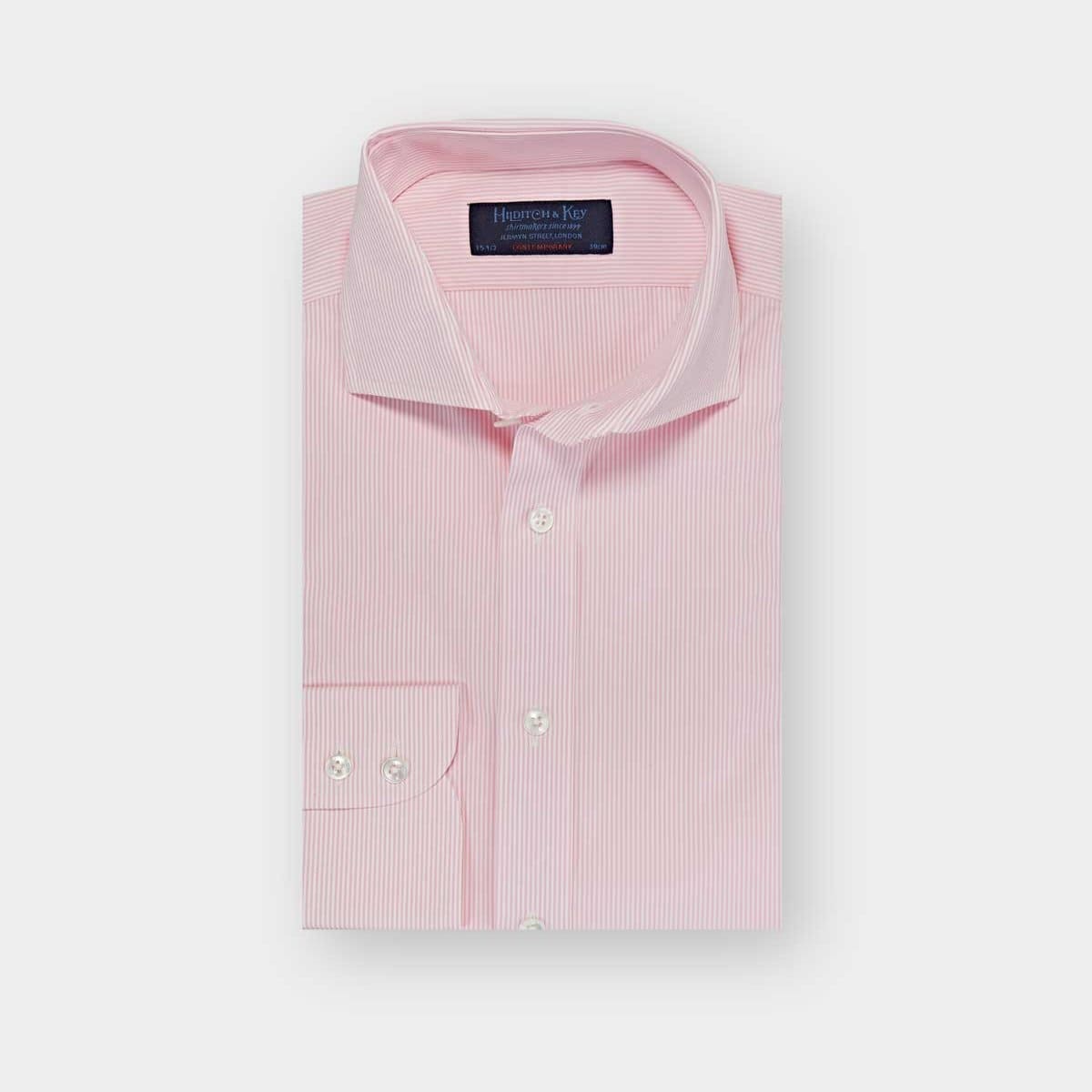 Contemporary Fit Pink Fine Bengal Stripe Cotton Poplin Shirt With Cut Away Collar Two Button Cuff