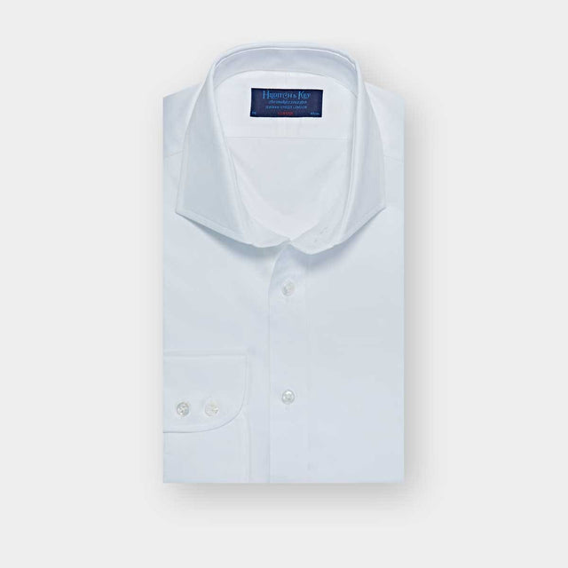 Classic Fit Plain White Fine Twill Cotton Shirt with Cut-away Collar & Two Button Cuff