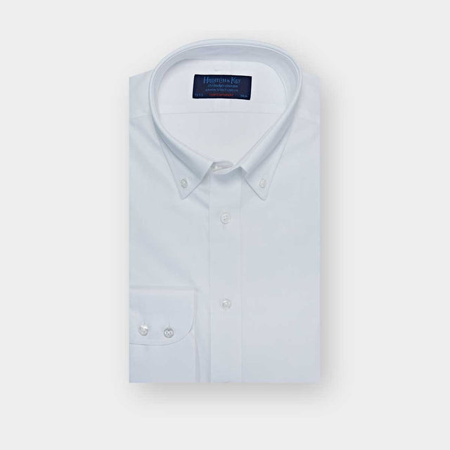 Contemporary Fit Plain White Basket Weave Shirt with Button Down Collar & Two Button Cuff