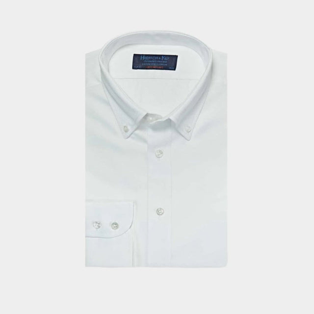 Contemporary Fit White Basket Weave Cotton Shirt with Button Down Collar & Two Button Cuff