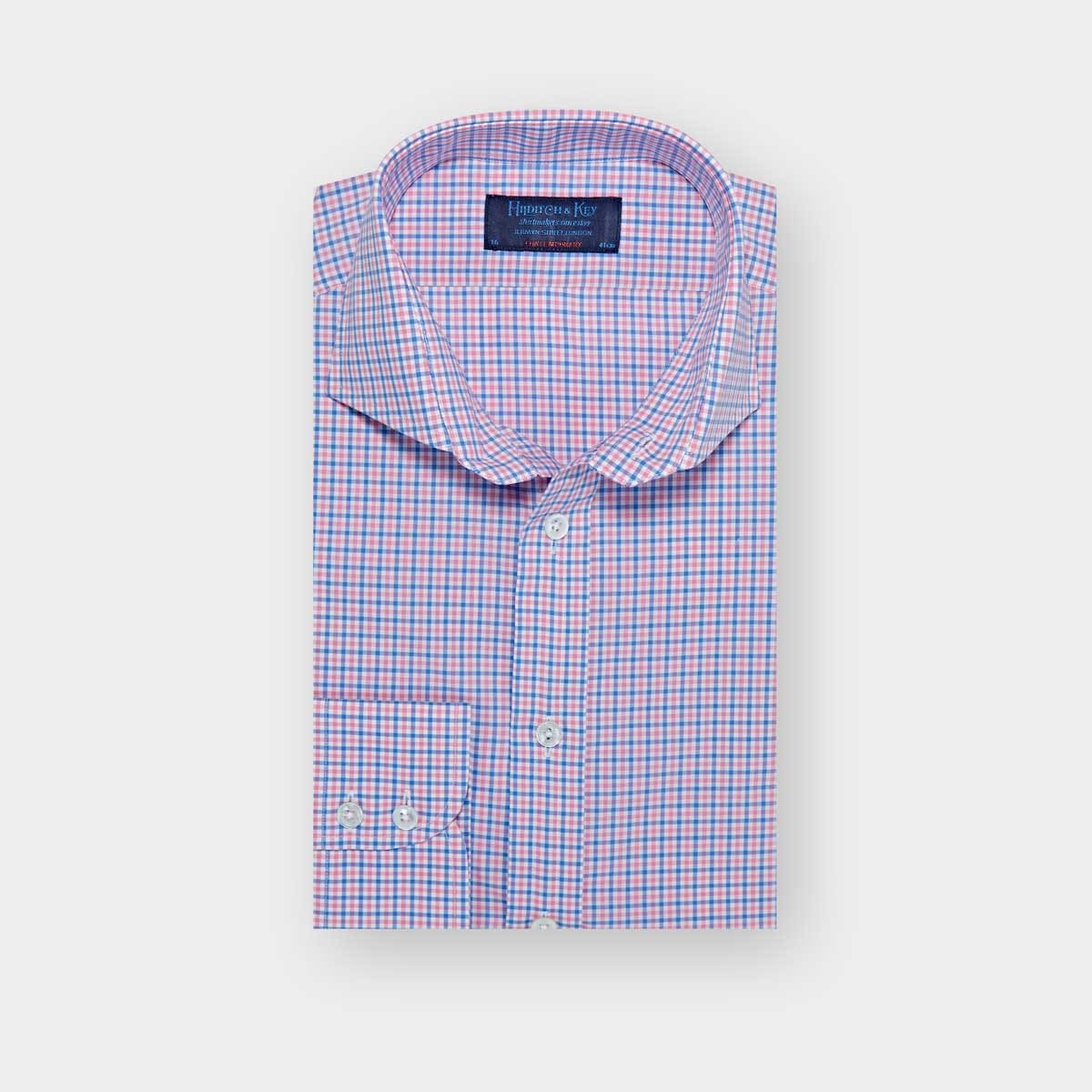 Contemporary Fit Pink Check Cotton Shirt With Cut Away Collar Two Button Cuff