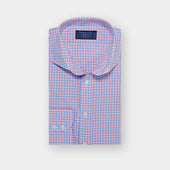 Contemporary Fit Blue & Pink Check Cotton Shirt with Cut-Away Collar & Two Button Cuff