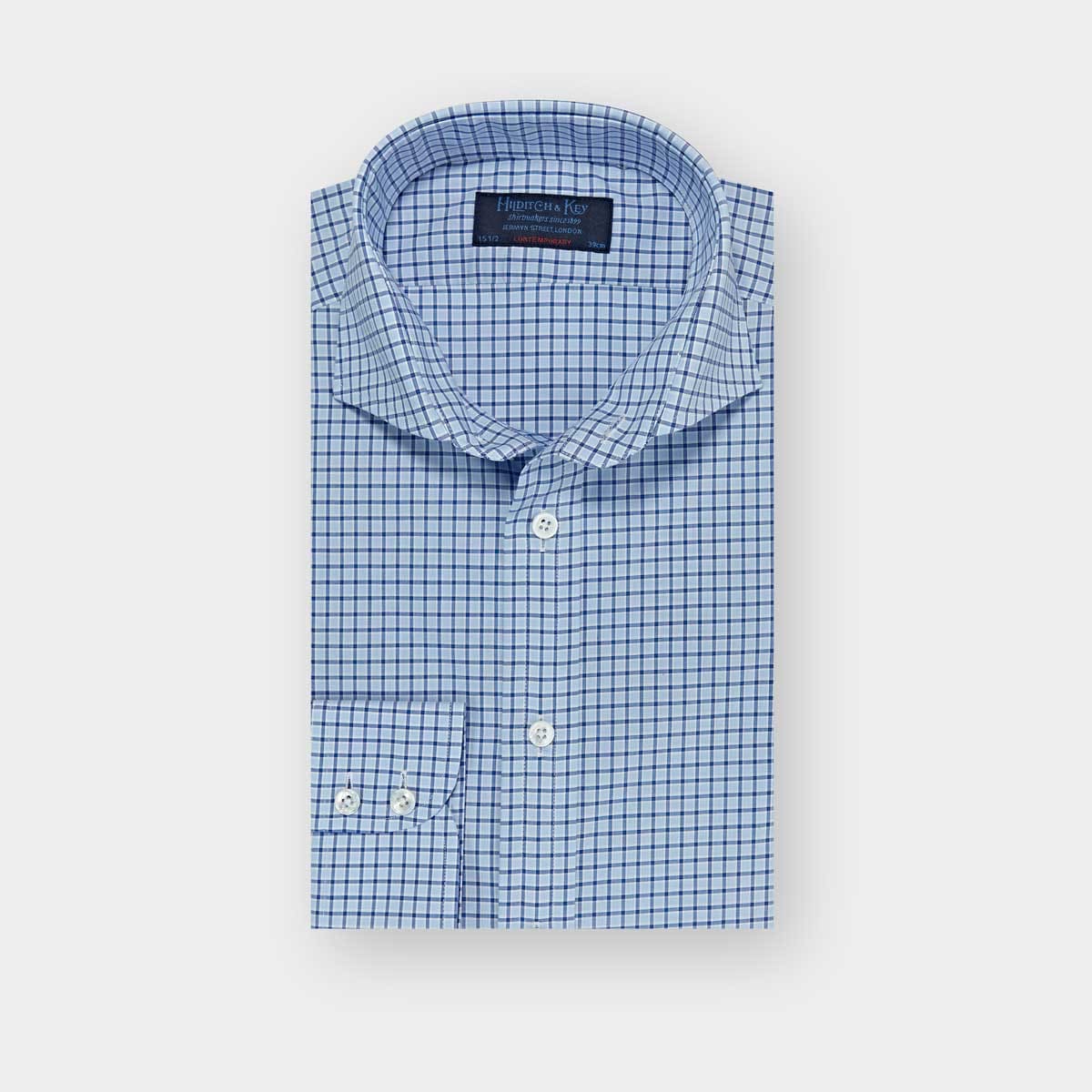 Contemporary Fit Navy Check Cotton Shirt With Cut Away Collar Two Button Cuff