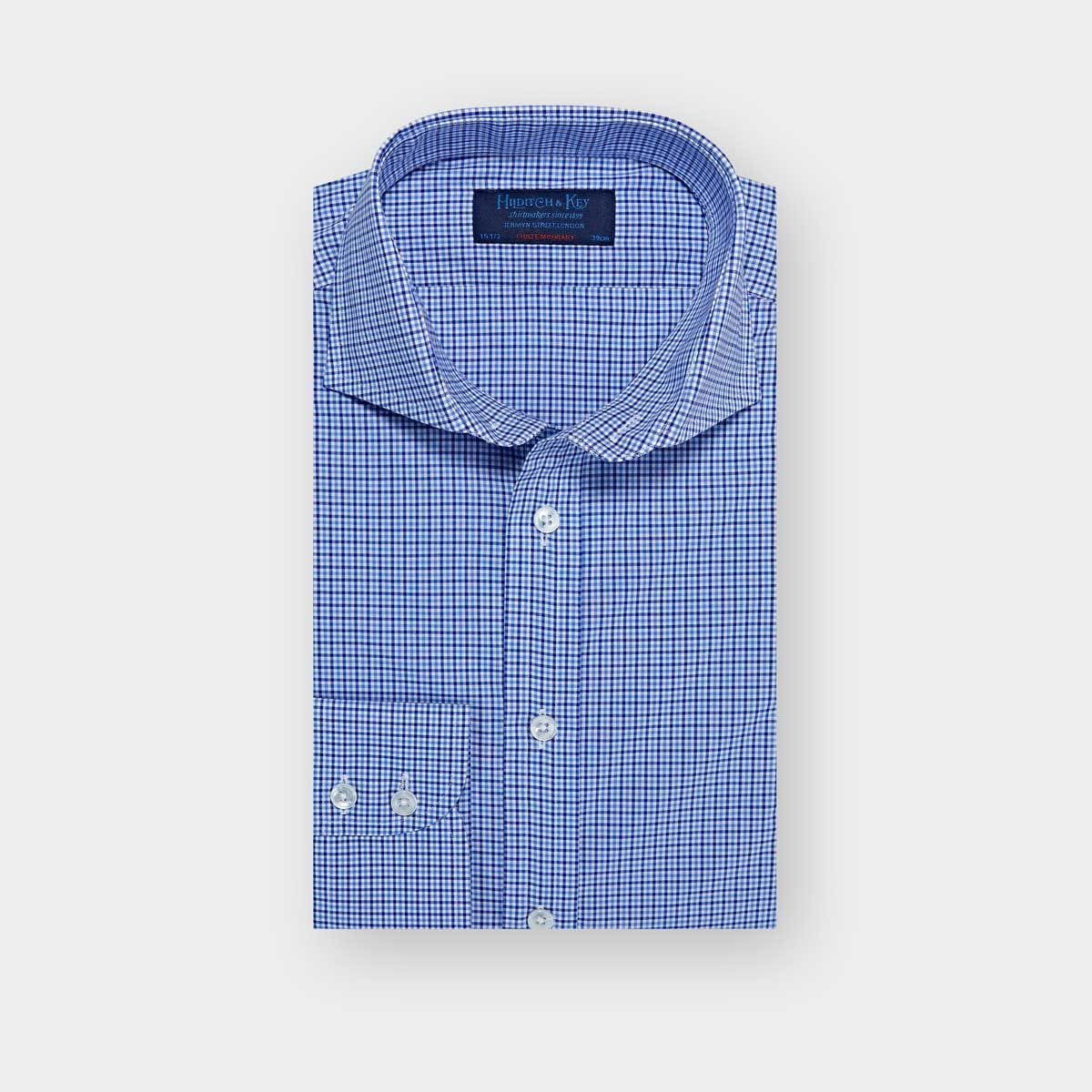 Contemporary Fit Sky Blue Grid Check Cotton Shirt With Cut Away Collar Two Button Cuff