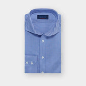 Contemporary Fit Navy & Sky Blue Grid Check Cotton Shirt with Cut-away Collar & Two Button Cuff