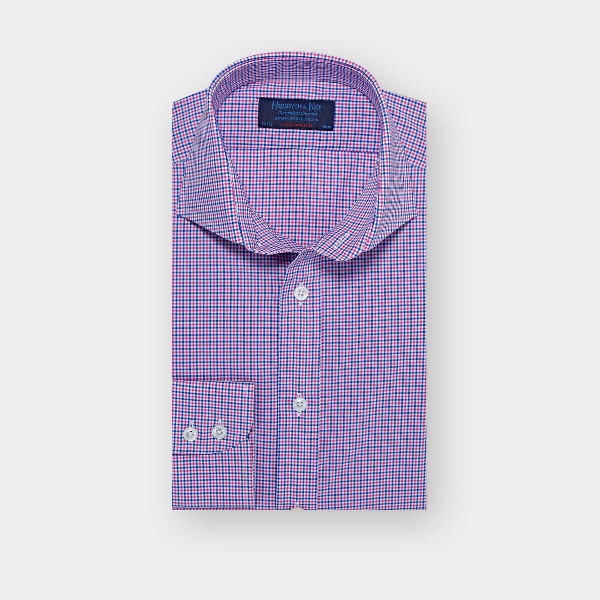 Contemporary Fit Lilac Blue Grid Check Cotton Shirt With Cut Away Collar Two Button Cuff