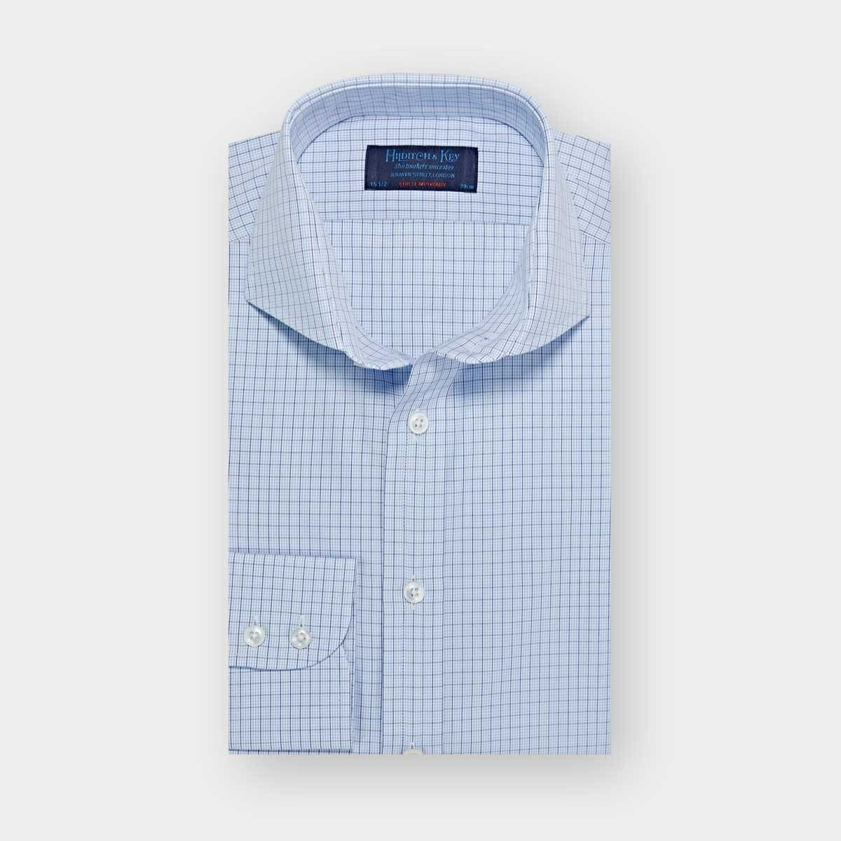 Contemporary Fit Navy Grid Check Cotton Shirt With Cut Away Collar Two Button Cuff