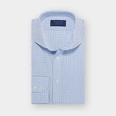 Contemporary Fit Blue & Navy Grid Check Cotton Shirt with Cut-away Collar & Two Button Cuff
