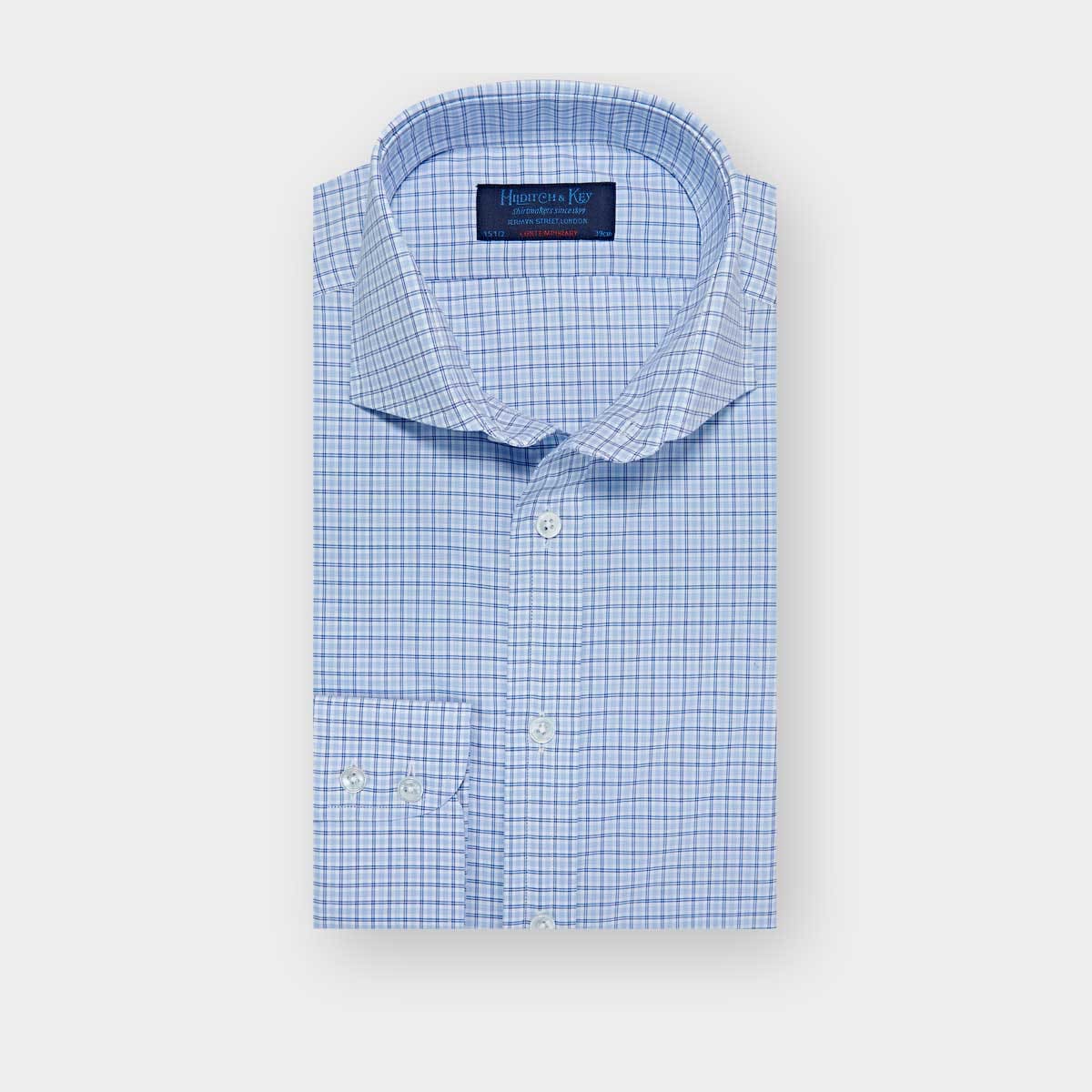 Contemporary Fit Navy Sky Check Cotton Shirt With Cut Away Collar Two Button Cuff