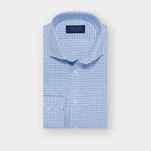 Contemporary Fit White, Navy & Sky Blue Check Cotton Shirt with Cut-away Collar & Two Button Cuff