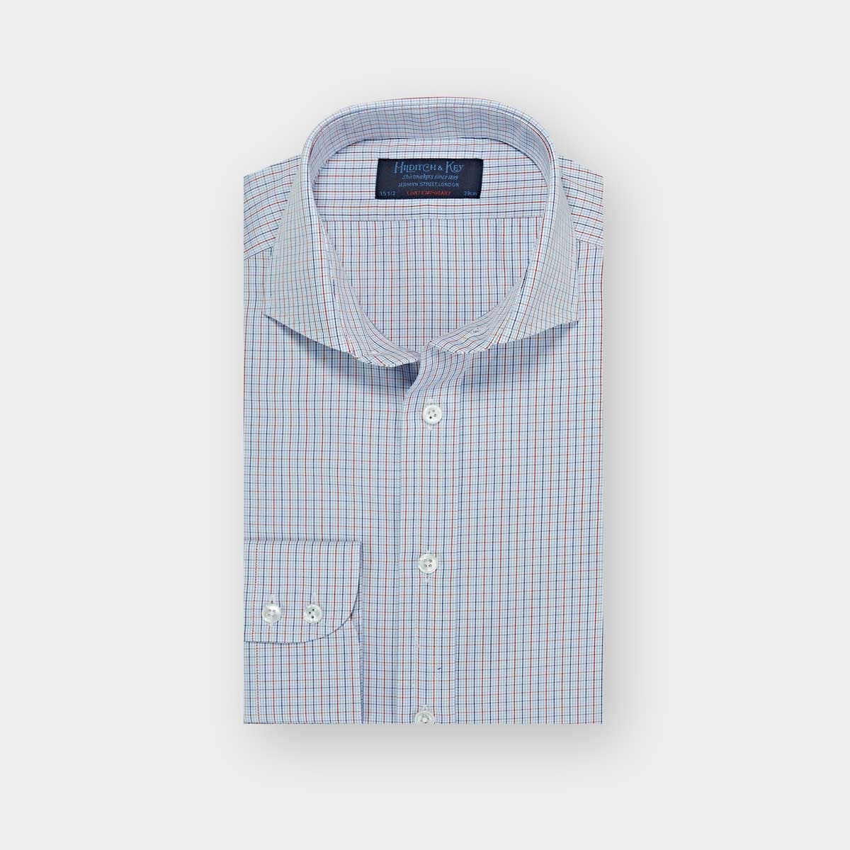 Contemporary Fit Red Navy Grid Check Cotton Shirt With Cut Away Collar Two Button Cuff