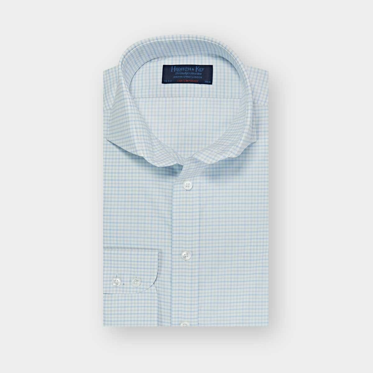 Contemporary Fit Grey Twill Check Cotton Shirt With Cut Away Collar Two Button Cuff