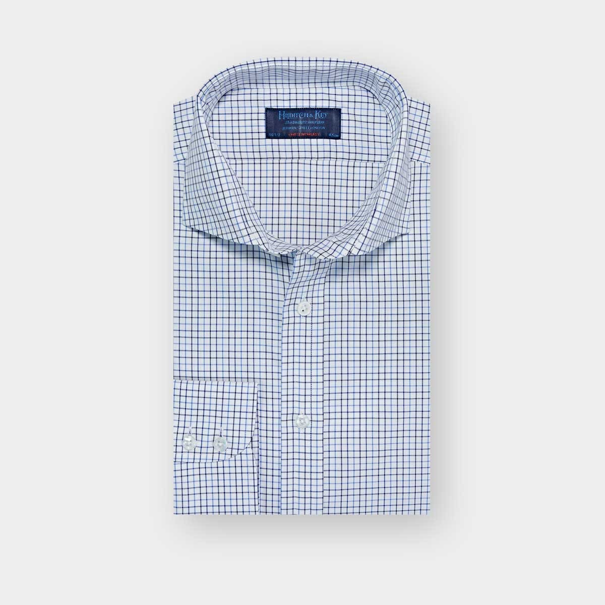Contemporary Fit Navy Twill Check Cotton Shirt With Cut Away Collar Two Button Cuff