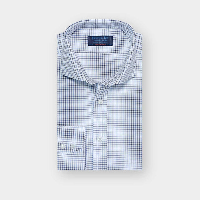 Contemporary Fit White, Blue & Navy Twill Check Cotton Shirt with Cut-away Collar & Two Button Cuff
