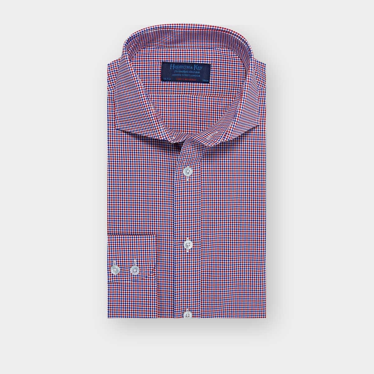 Contemporary Fit Red Blue White Check Cotton Shirt With Cut Away Collar Two Button Cuff
