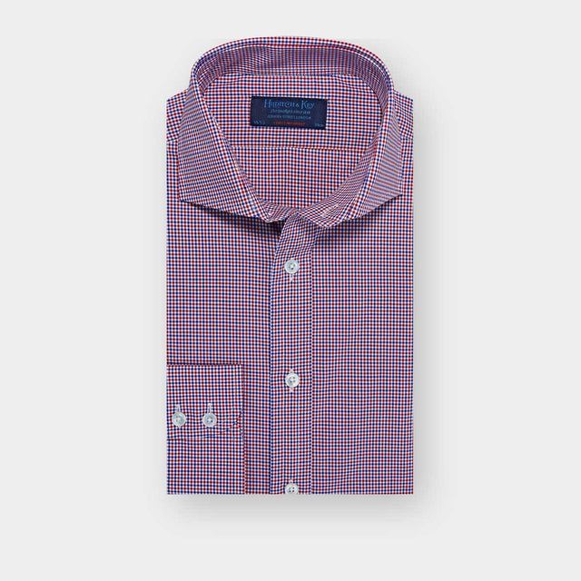 Contemporary Fit Red, Blue & White Check Cotton Shirt with Cut-away Collar & Two Button Cuff