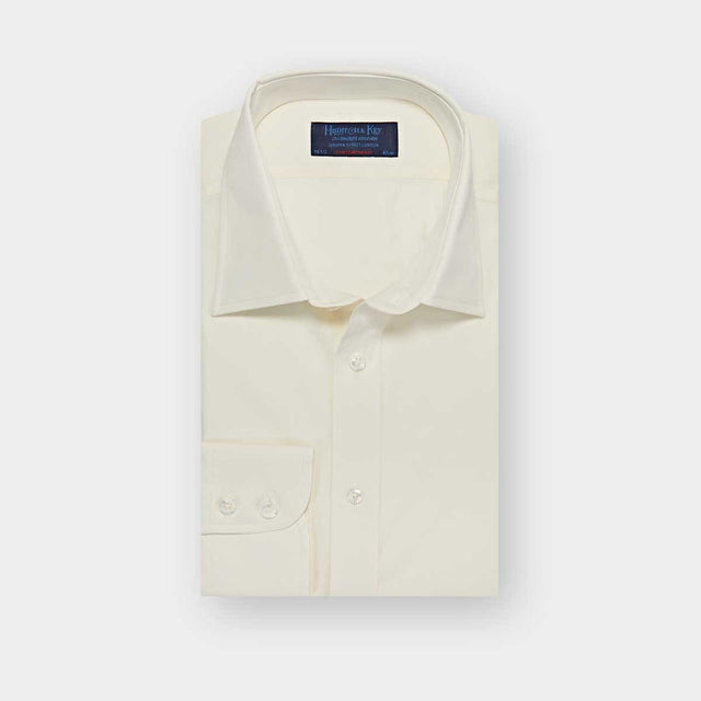 Contemporary Fit Plain Cream Cotton Poplin Shirt with Classic Collar & Two Button Cuff