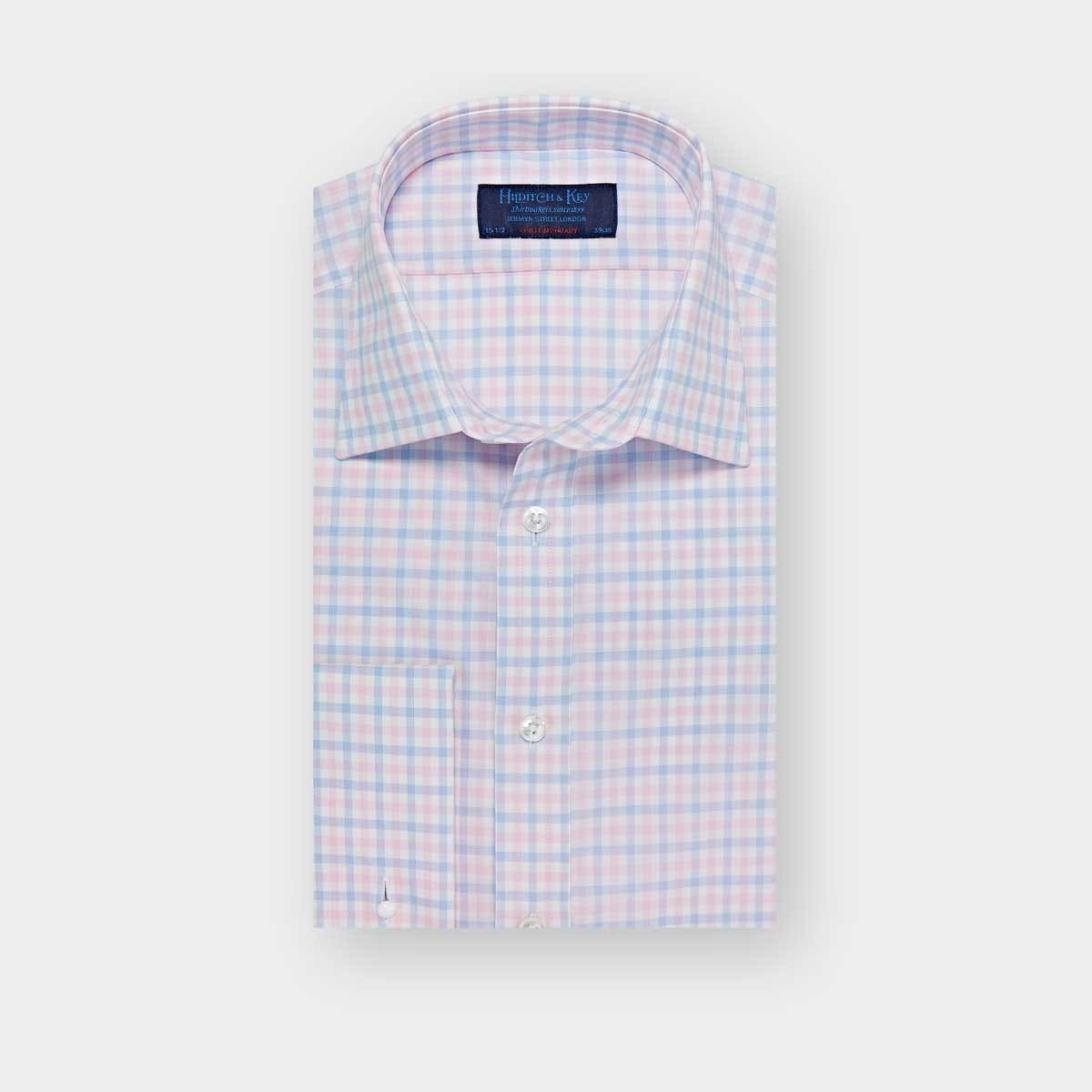 Contemporary Fit Pink Overcheck Cotton Shirt With Classic Collar Double Cuff