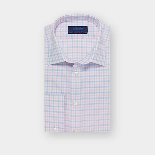 Contemporary Fit Blue & Pink Overcheck Cotton Shirt with Classic Collar & Double Cuff