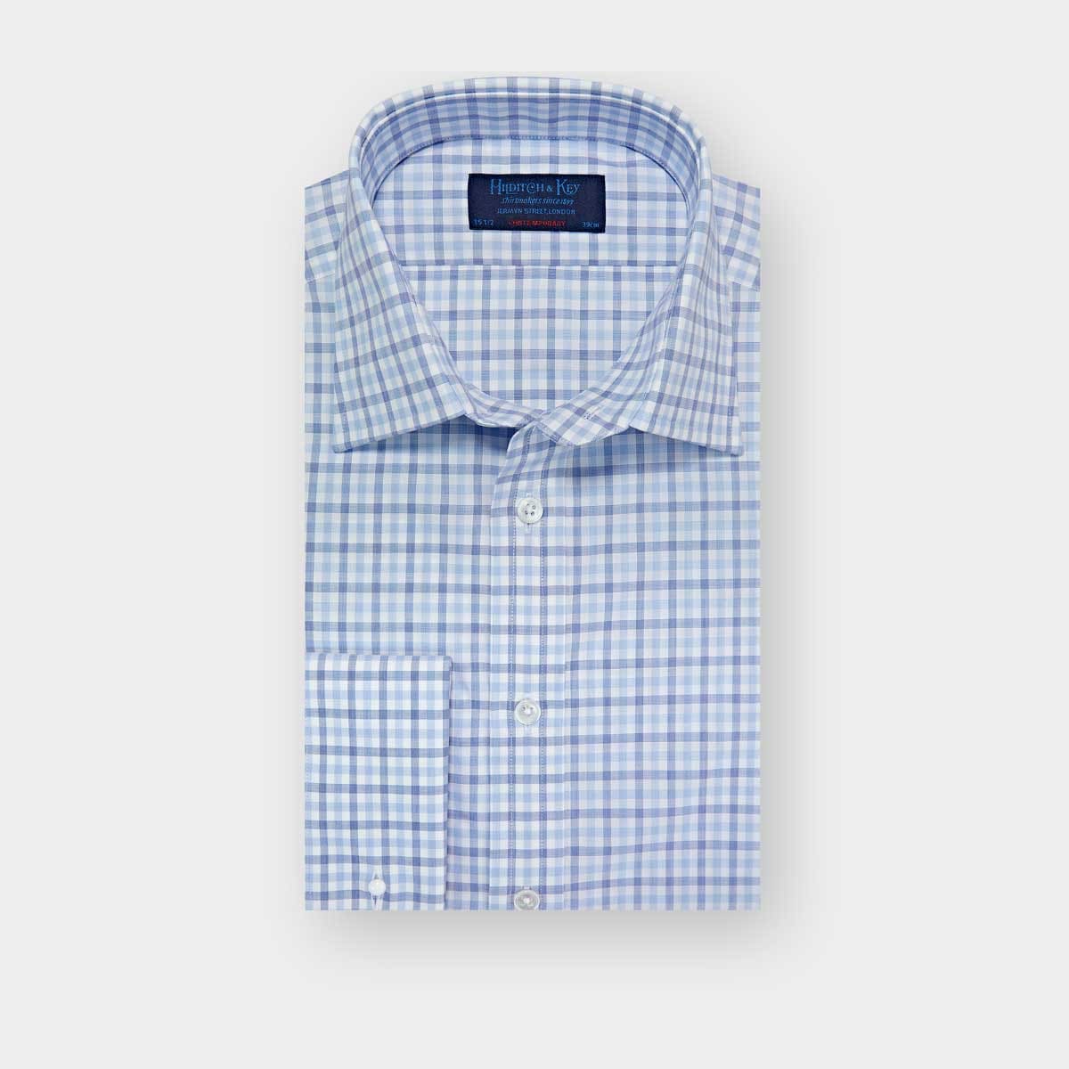 Contemporary Fit Navy Overcheck Cotton Shirt With Classic Collar Double Cuff