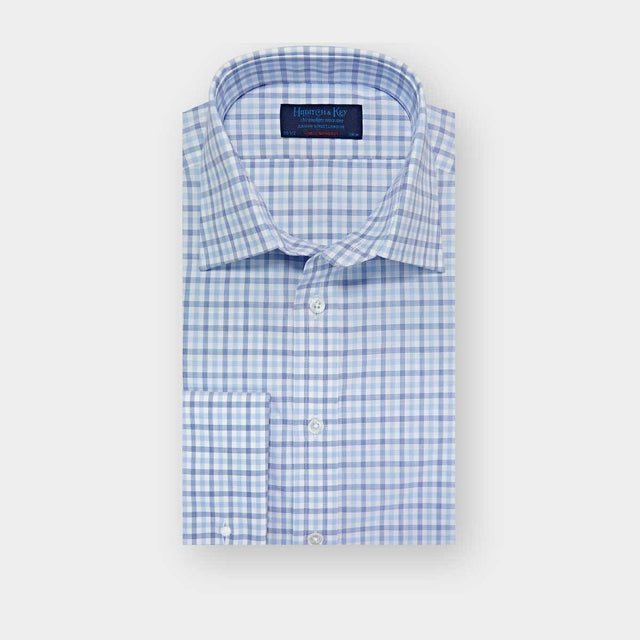 Contemporary Fit Blue & Navy Overcheck Cotton Shirt with Classic Collar & Double Cuff
