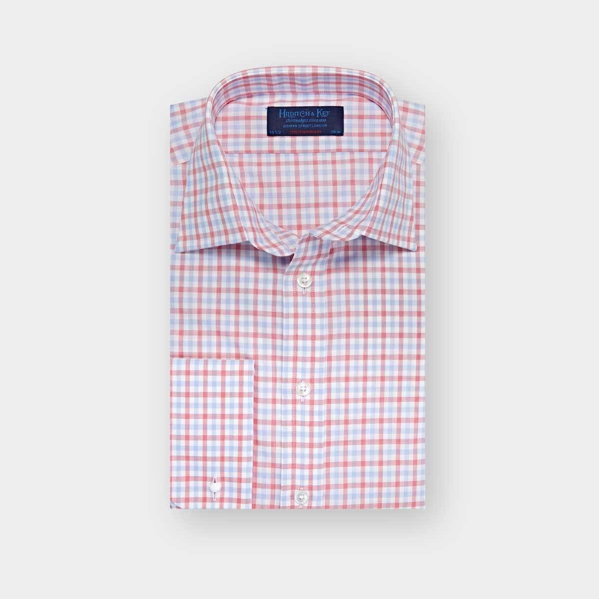 Contemporary Fit Red Navy Overcheck Cotton Shirt With Classic Collar Double Cuff