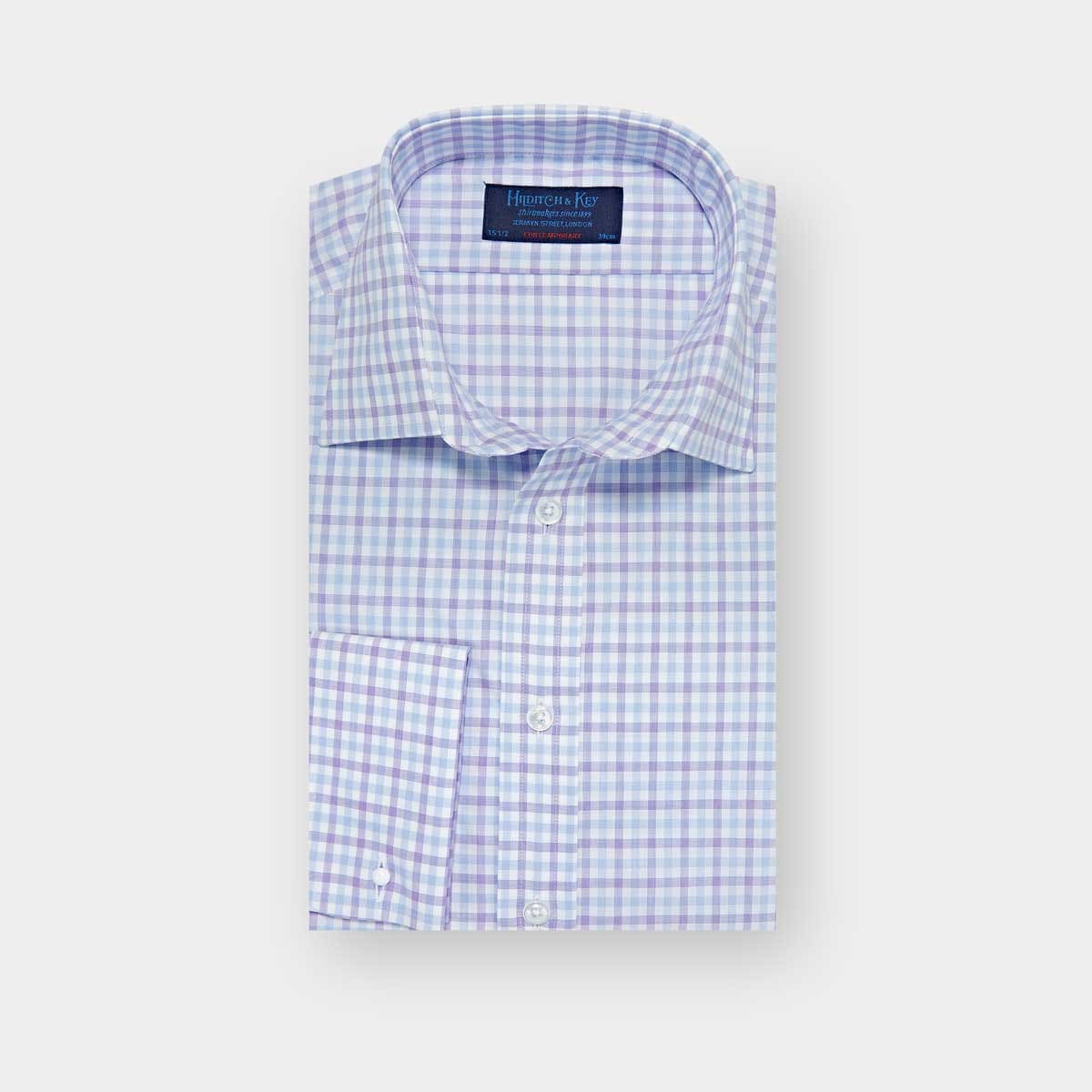 Contemporary Fit Purple Navy Overcheck Cotton Shirt With Classic Collar Double Cuff