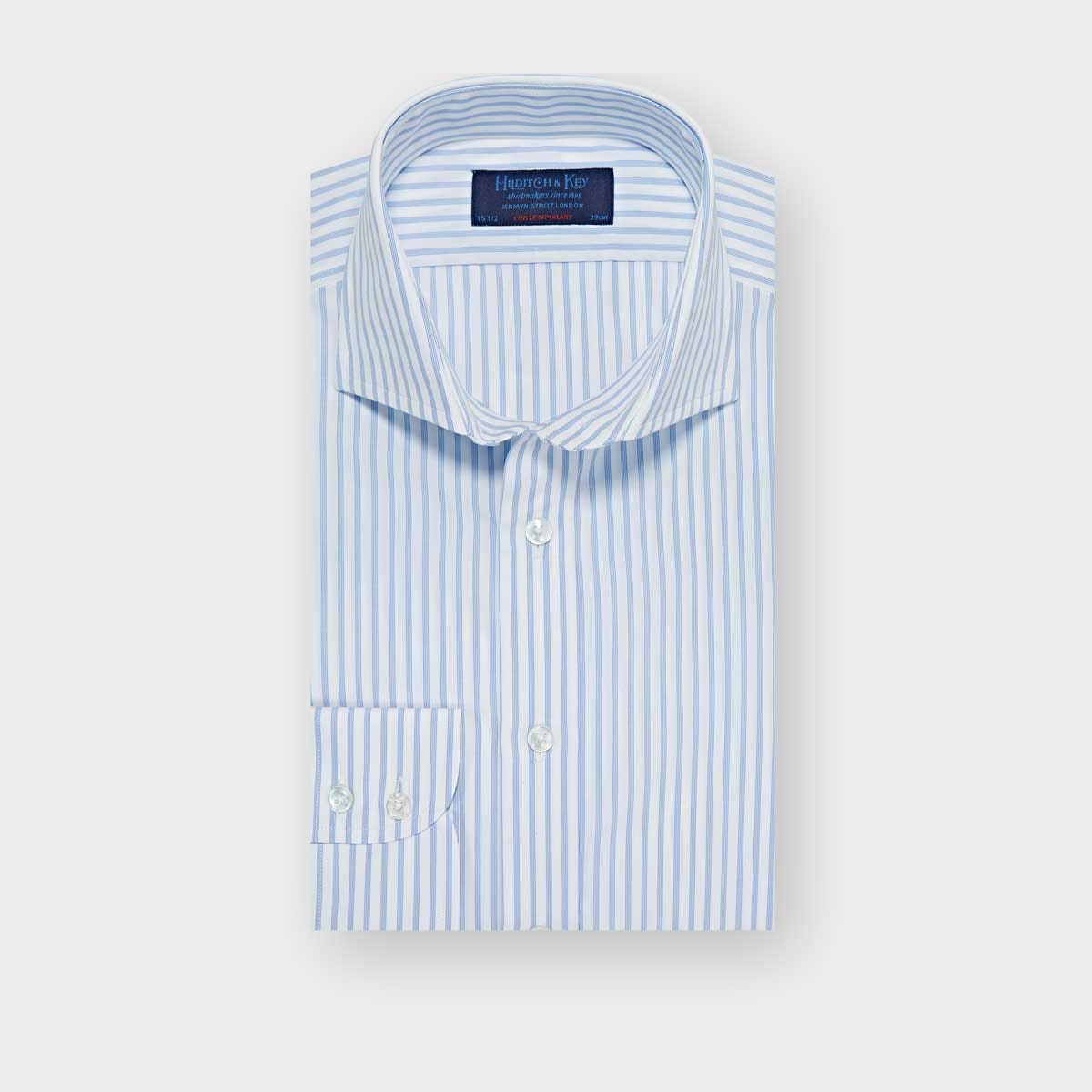 Contemporary Fit Light Grid Stripe Cotton Shirt With Cut Away Collar Two Button Cuff