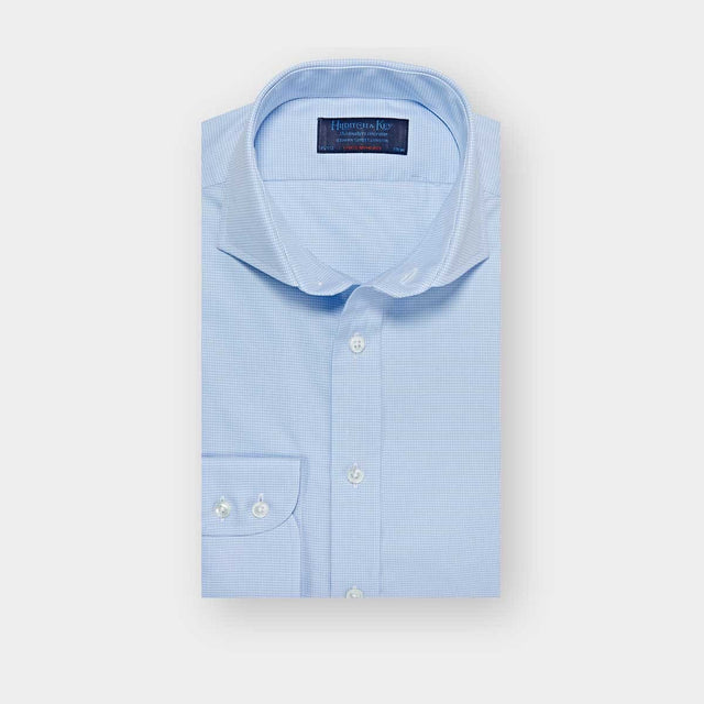 Contemporary Fit Sky Blue Micro Houndstooth Check Cotton Shirt with Cut-away Collar & Two Button Cuff