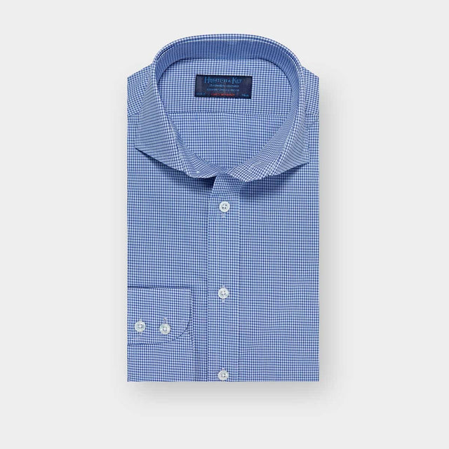 Contemporary Fit Navy Micro Check Cotton Shirt with Cut-away Collar & Two Button Cuff