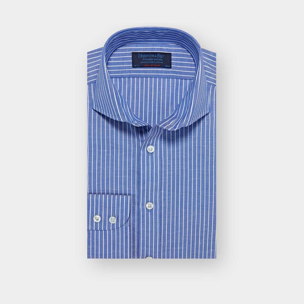 Contemporary Fit Dark Blue Stripe Cotton Linen Blend Shirt With Cut Away Collar Two Button Cuff