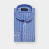 Contemporary Fit Dark Blue Stripe Cotton & Linen Blend Shirt with Cut-away Collar & Two Button Cuff