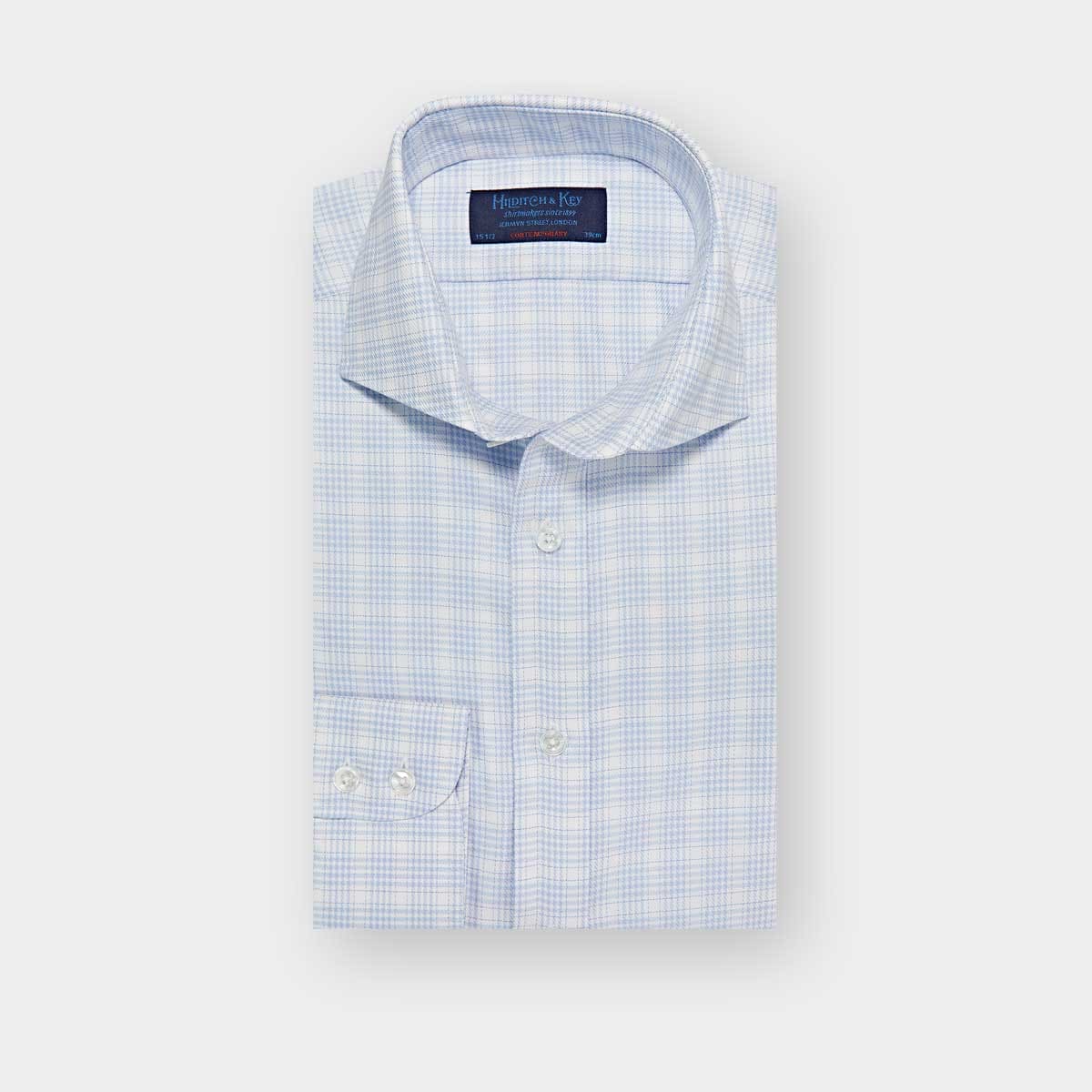 Contemporary Fit Light Broken Prince Of Wales Check Cotton Shirt With Cut Away Collar Two Button Cuff