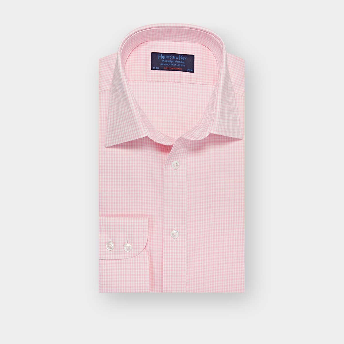 Contemporary Fit Pink Check Cotton Shirt With Classic Collar Two Button Cuff