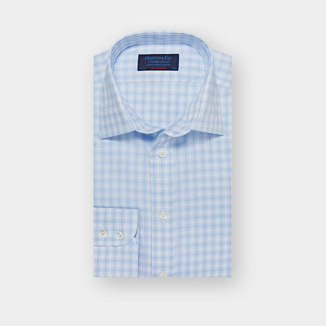 Contemporary Fit Sky Blue Check Cotton Shirt with Classic Collar & Two Button Cuff