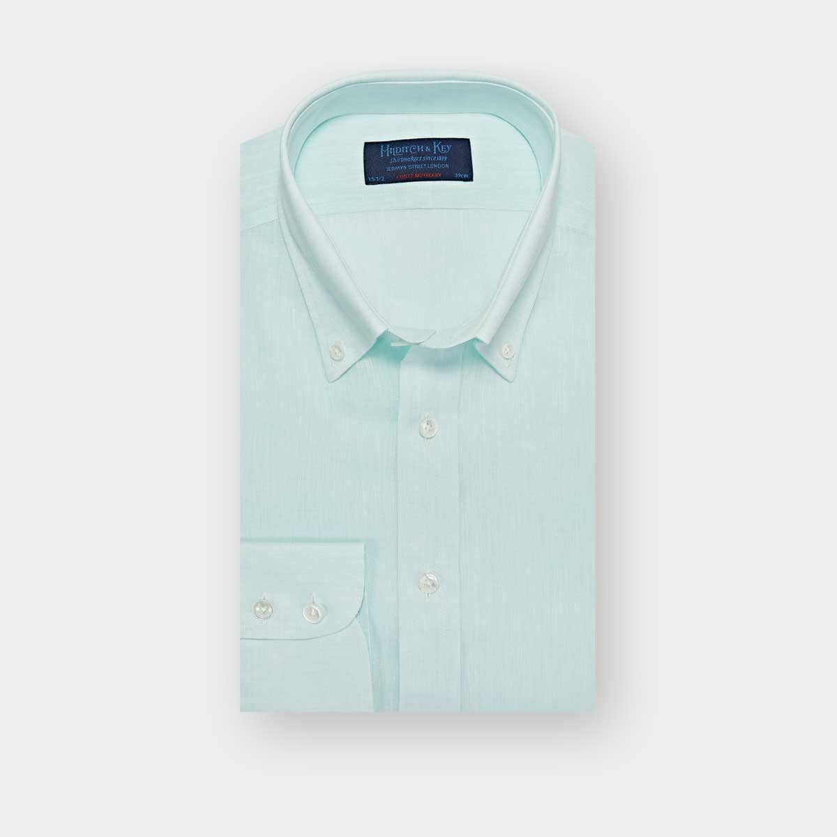 Contemporary Fit Plain Green Linen Shirt With Button Down Collar Two Button Cuff