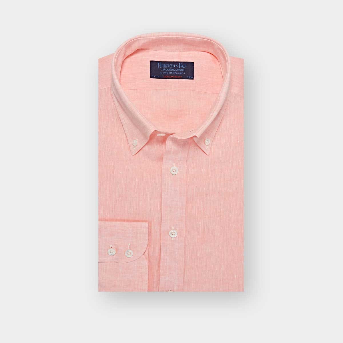 Contemporary Fit Plain Linen Shirt With Button Down Collar Two Button Cuff